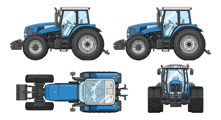 Blue Agricultural Tractor Illustration Showing Multiple Views for Farm Equipment and Vehicle Design © Sapumal