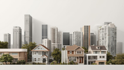 Fototapeta premium Suburban houses in front of modern city skyline with soft light and calm mood