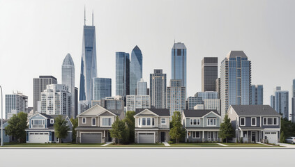 Fototapeta premium Suburban row of modern detached houses with trees front of distant glass skyscraper skyline