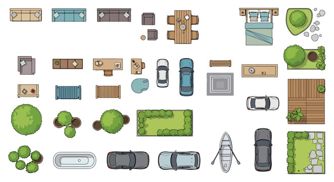 Top View Architectural Elements Set With Furniture, Vehicles, Plants and Outdoor Objects for Floor Plans