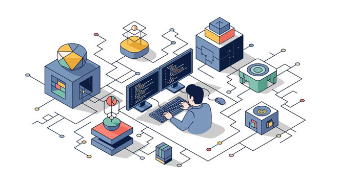 Coder at work dev task pro web app data tech icon set plan pc fast run