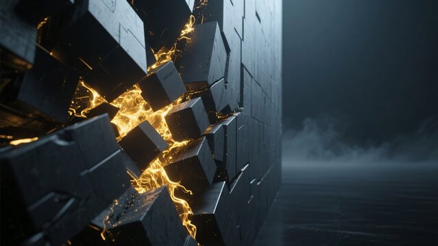黒いキューブ状の壁が崩れ隙間からオレンジ色の光が漏れ出ている画像