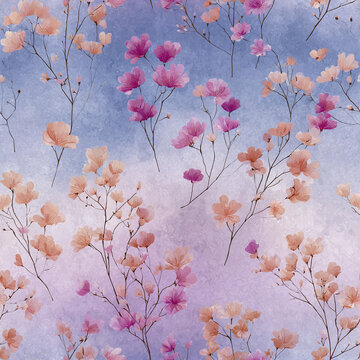 Soft watercolor micro floral seamless repeat tile stylize fbd be abb afb gigapixel standard height px pattern with delicate pink and peach flowers textured blue and purple background