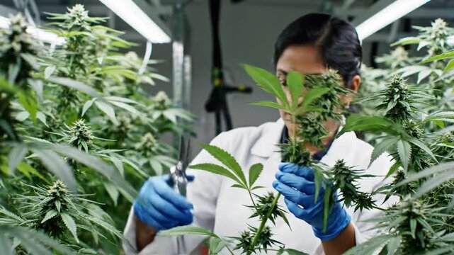A person trims a plant, surrounded by a lush indoor garden of leafy green plants with flowering buds