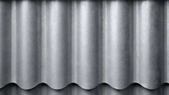 A close-up of corrugated galvanized metal sheeting with a wavy pattern and a textured, shiny silver surface.