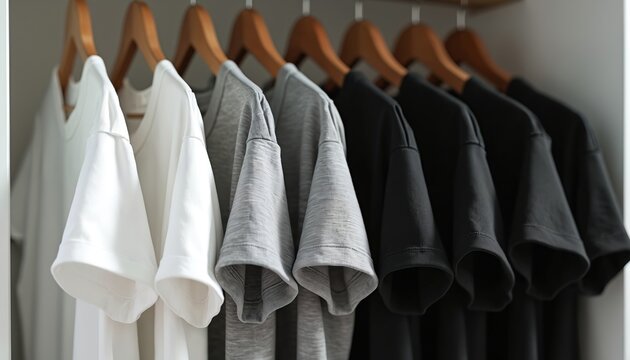 Neatly organized t-shirts in basic colors hang on wooden hangers in a minimalist closet. White grey and black tops are arranged in order. A clean wardrobe with apparel.