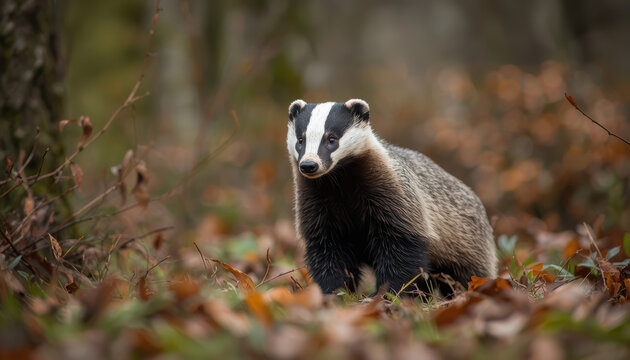 Eurasian badger standing alert in woodland clearing with autumn leaves, soft moody light