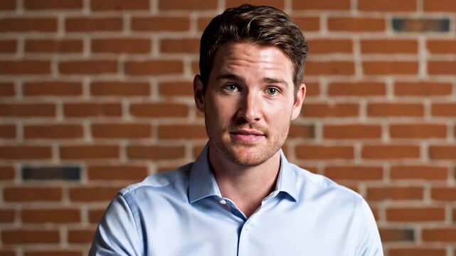 A man in a light blue collared shirt speaks with his hands