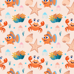 Naklejka premium A seamless vector pattern featuring sea creatures: a mermaid, fish, octopus, shell, and starfish. Suitable for children's textiles, wallpaper, and wrapping paper.