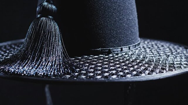 close up of an elegant black hat with a dangling tassel, adorned with shimmering sequins and intricate woven patterns, dark moody lighting