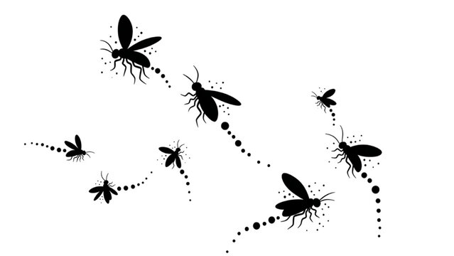 Stylized vector of flying insects, possibly mosquitoes or gnats, showcasing dynamic movement with dotted trails