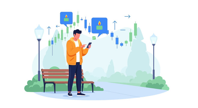 Man checking stock market on phone in park with trading charts and notifications