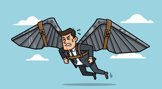 Determined Businessman With Mechanical Wings Struggling To Fly In The Sky