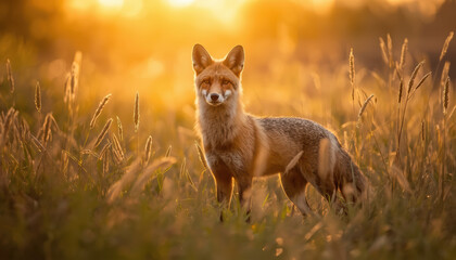 Obraz premium Golden fox standing alert in tall grass at sunset with warm backlight and serene mood