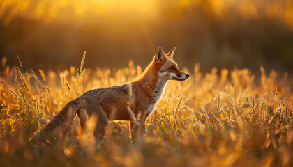 Obraz premium Golden fox standing alert in tall grass at sunset, warm backlight and serene mood