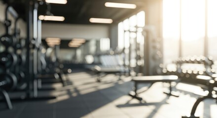 Blurred Modern Gym Interior with Sunlight Streaming Through Windows.