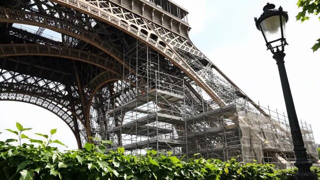 Eiffel Tower in Paris undergoing renovation with scaffolding and green foliage