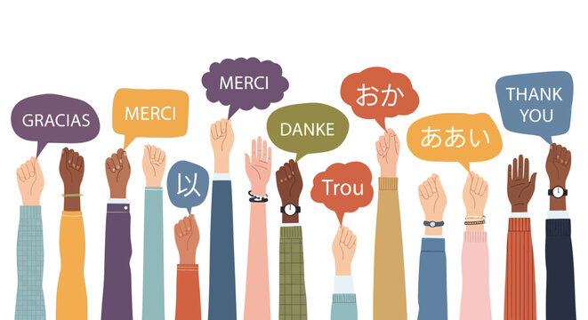 Diverse raised hands with speech bubbles expressing gratitude and thanks in multiple international languages.