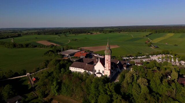 Andechs Abbey on the Holy Mountain, Bavaria, Germany. Famous pilgrimage site with baroque church, monastery beer garden, and views of Ammersee lake in the Five Lakes Region