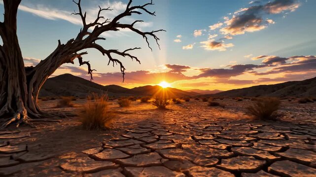 Desert landscape with dead tree at sunset