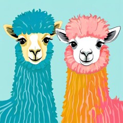Fototapeta premium Two colorful alpacas isolated on a blue background. Cute fluffy animal characters illustration. Bright artistic portrait of stylized llama for children storybook and nursery decor.