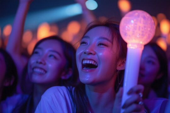 Korean high school girl holding a light stick at a K-pop concert