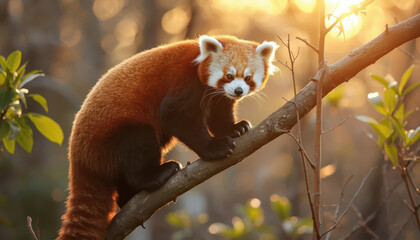 Obraz premium Red panda on branch during golden hour with warm backlight and forest bokeh