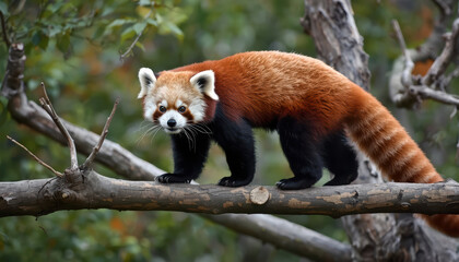 Fototapeta premium Red panda walking on tree branch in forest, curious expression and warm fur