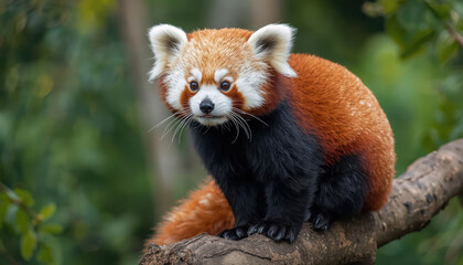 Obraz premium Red panda perched on branch with calm expression in lush forest
