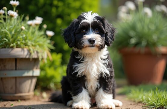 Black and white cockapoo puppy sits in garden. Small dog has curly fur and cute head tilt. Adorable pet looks curiously at camera with big eyes.