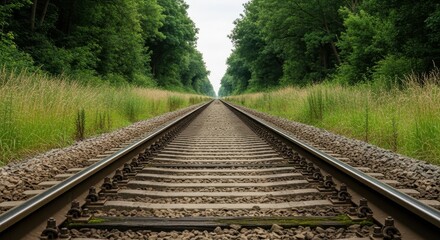 Obraz premium Railway Tracks Disappearing into the Distance Through Green Forest.