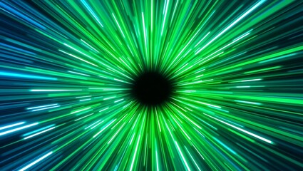 Fototapeta premium Design a radial burst of blue and green speed beams in a 3D digital space, neon highlight effects, symmetry and balance, high-end vector art