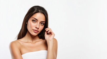 Fototapeta premium Skincare and beauty advertising A young woman with natural makeup and healthy skin poses in a studio setting against a white background cosmetics advertising and wellness campaigns The portrait.