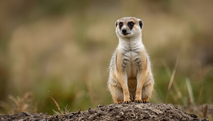 Fototapeta premium Meerkat standing on mound alert posture curious expression