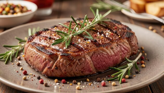 Grilled filet mignon steak with rosemary herbs and peppercorns on a plate meal food beef meat dinner lunch grill roasted