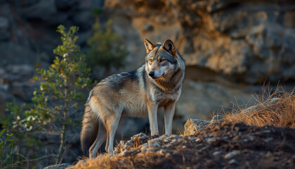 Naklejka premium Wolf standing on rocky terrain at golden hour with dramatic rugged background