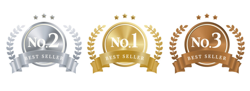 Gold Silver Bronze Ranking Badge Set No1 No2 No3 Best Seller Award Ribbon Laurel Vector