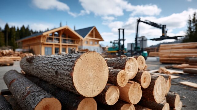 Stacked freshly cut logs in front of a wooden cabin with forest and machinery in the background under a cloudy blue sky.