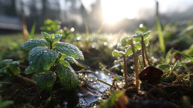 Vibrant green herbs glistening with early morning dew and soft sunlight on a natural terrain.