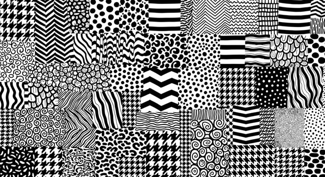 Seamless collage of diverse black and white abstract patterns, featuring geometric shapes, stripes, dots, and intricate textures for modern design.