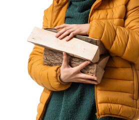 Woman in puffer jacket with firewood on white background, closeup © Pixel-Shot