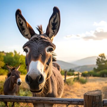 Curious Donkey Portrait in a Sunny Rural Landscape.