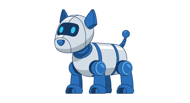A robotic dog with blue accents and glowing eyes stands on a plain surface in a futuristic indoor environment with a focus on technology and innovation featuring a dog robot and machinery.