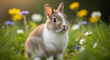 Fototapeta premium Rabbit in a meadow of wildflowers, a spring portrait.