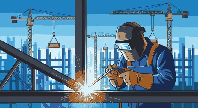 Illustration of a welder in protective gear welding metal beams on a construction site with cranes and buildings in the background.