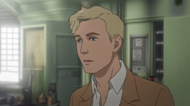 Blond man in brown jacket looking sideways in green office interior with window