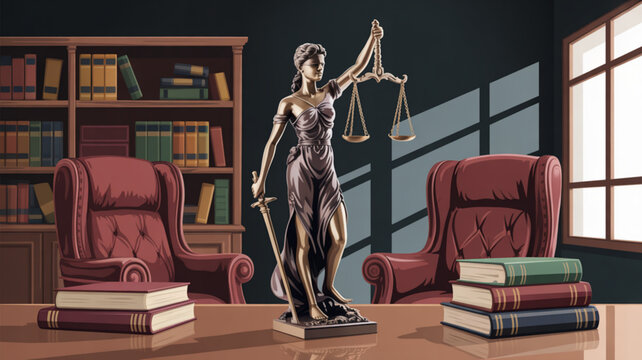 Themis statue with scales and sword on wooden desk in law office with books and red leather armchairs