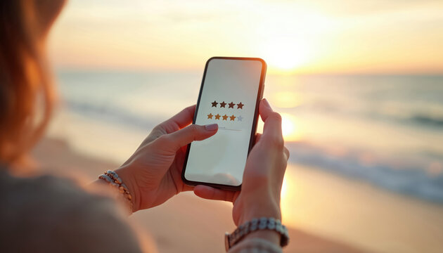 Woman uses smartphone on beach. She gives a rating with stars on screen. Sunset or sunrise over ocean water. Person holds mobile device near sea.