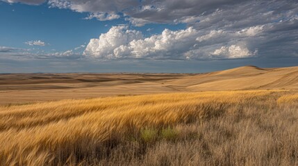 Fototapeta premium Golden wheat fields swaying gently in a warm summer landscape under a cloudy blue sky