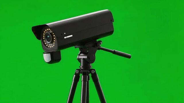 Security camera on tripod. Black CCTV camera. Surveillance camera with green screen background. Camera on stand. Monitoring device. Vector illustration.